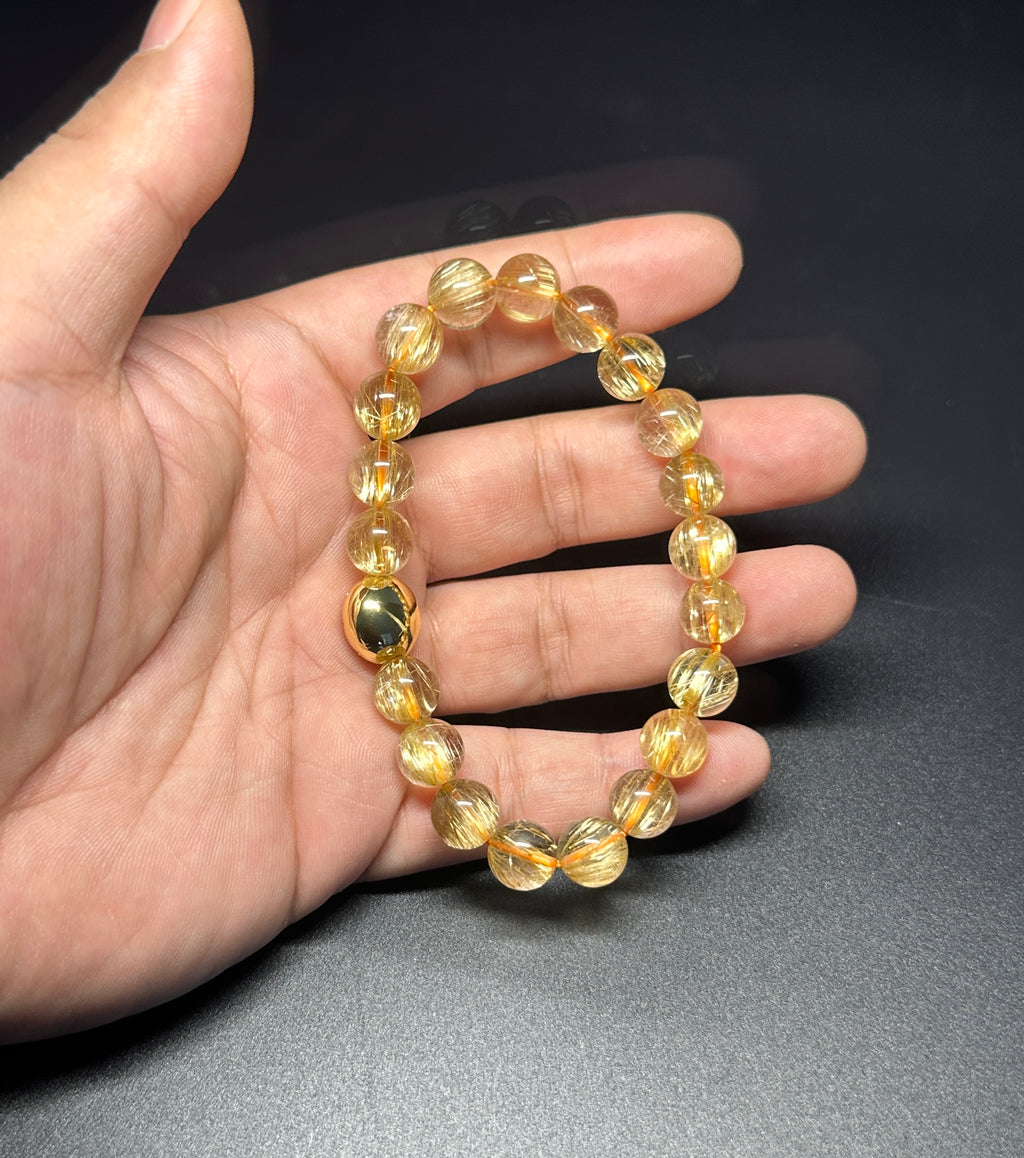 10mm Rutilated Quartz Bracelet, Clear Golden Rutile, Titanium Charm, Wealth Crystal, Men's Jewelry.