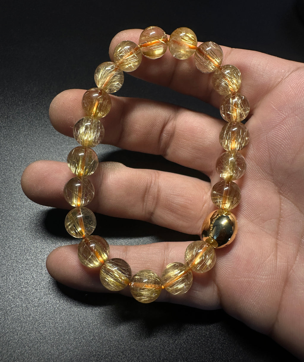 10mm Rutilated Quartz Bracelet, Clear Golden Rutile, Titanium Charm, Wealth Crystal, Men's Jewelry.