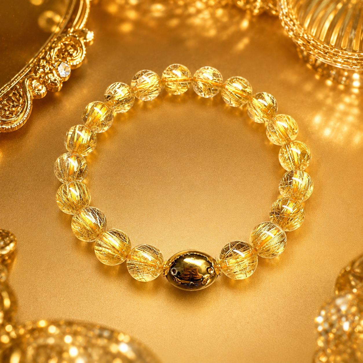 10mm Rutilated Quartz Bracelet, Clear Golden Rutile, Titanium Charm, Wealth Crystal, Men's Jewelry.