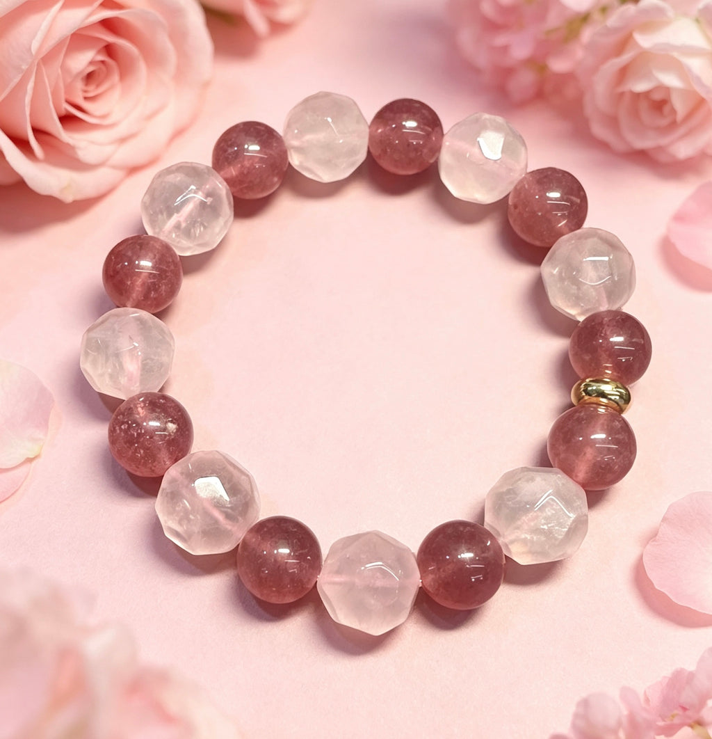 Strawberry Quartz & Faceted Rose Quartz Bracelet, attract love, confidence, balance jewelry, gift for her.