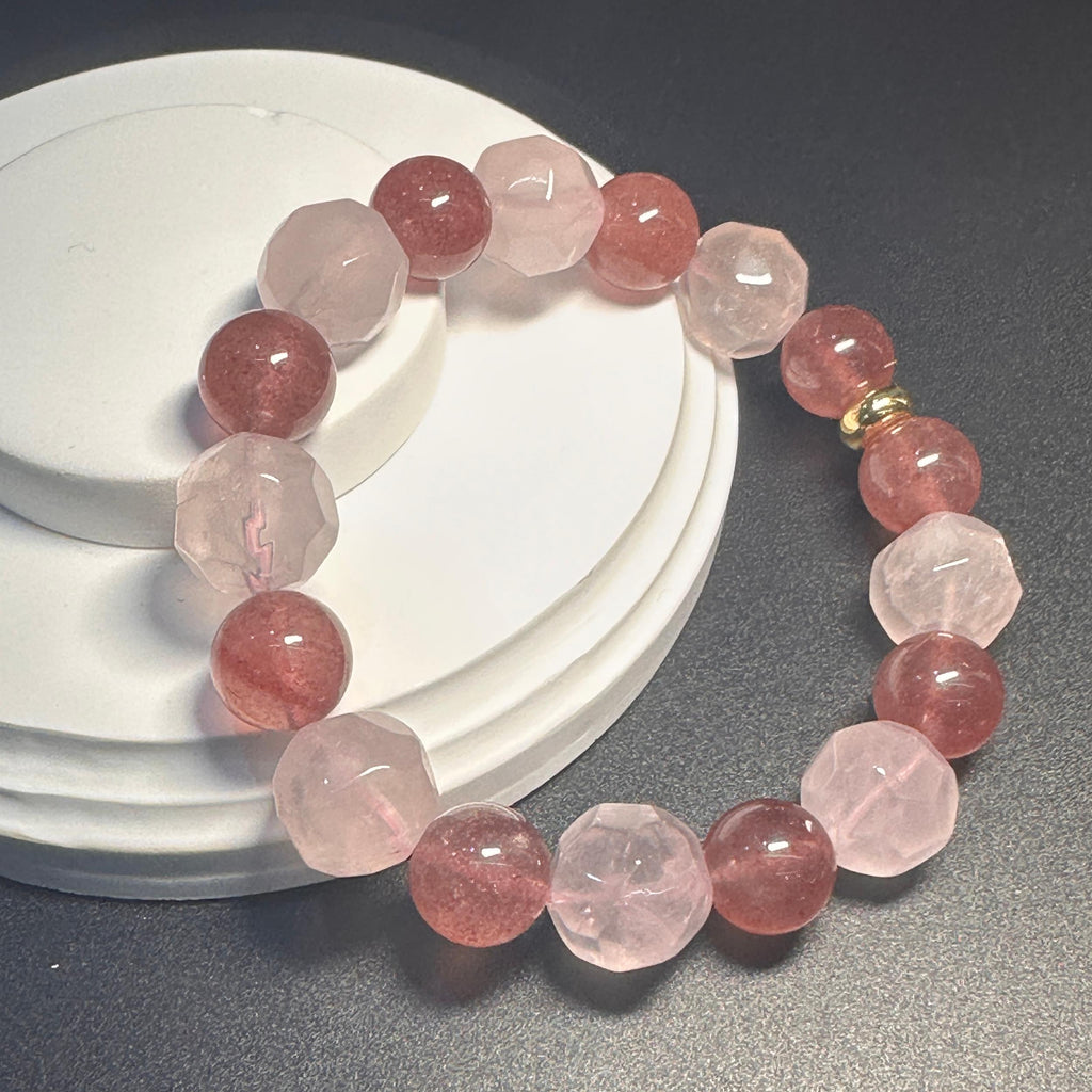 Strawberry Quartz & Faceted Rose Quartz Bracelet, attract love, confidence, balance jewelry, gift for her.