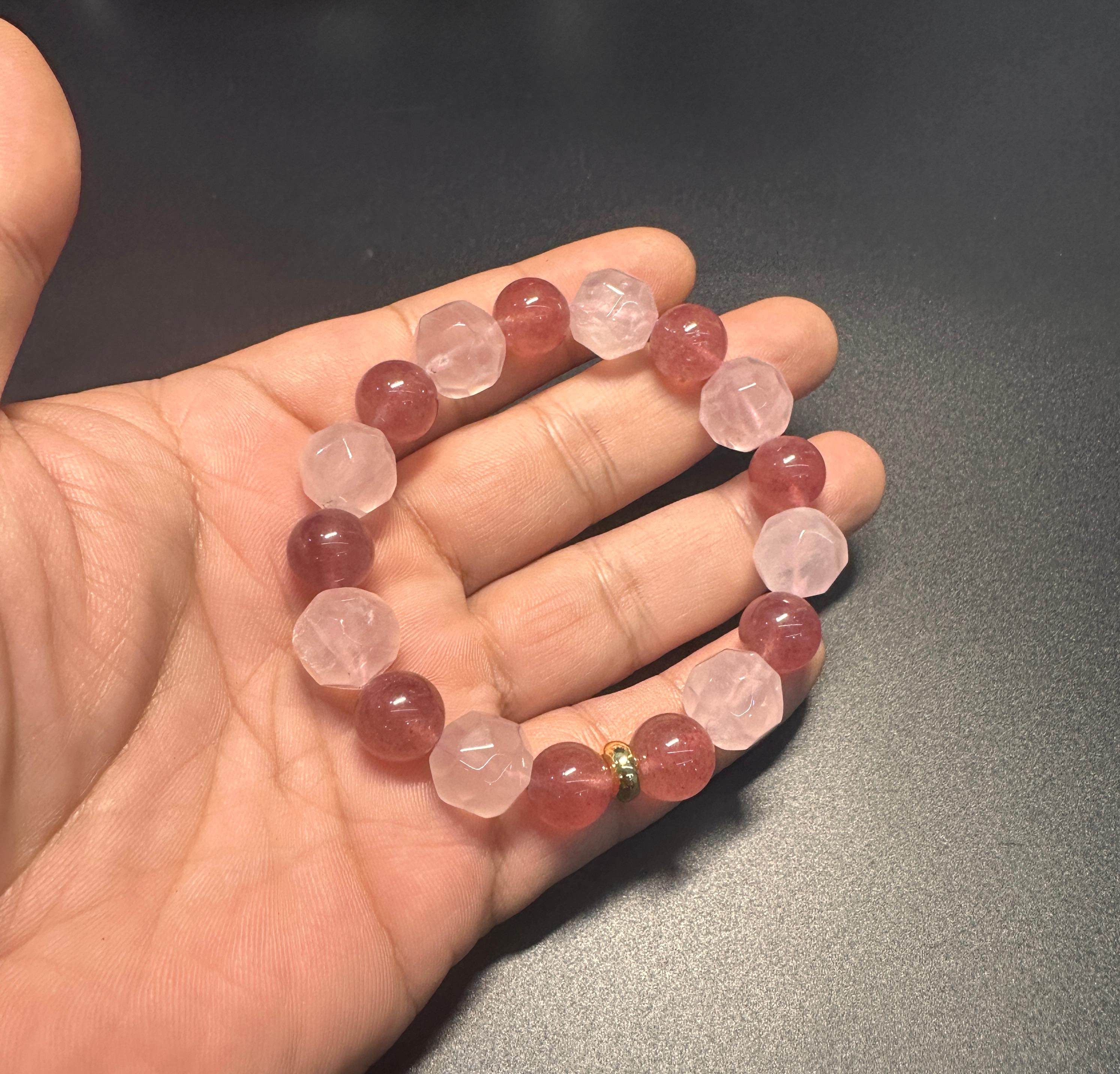Strawberry Quartz & Faceted Rose Quartz Bracelet, attract love, confidence, balance jewelry, gift for her.