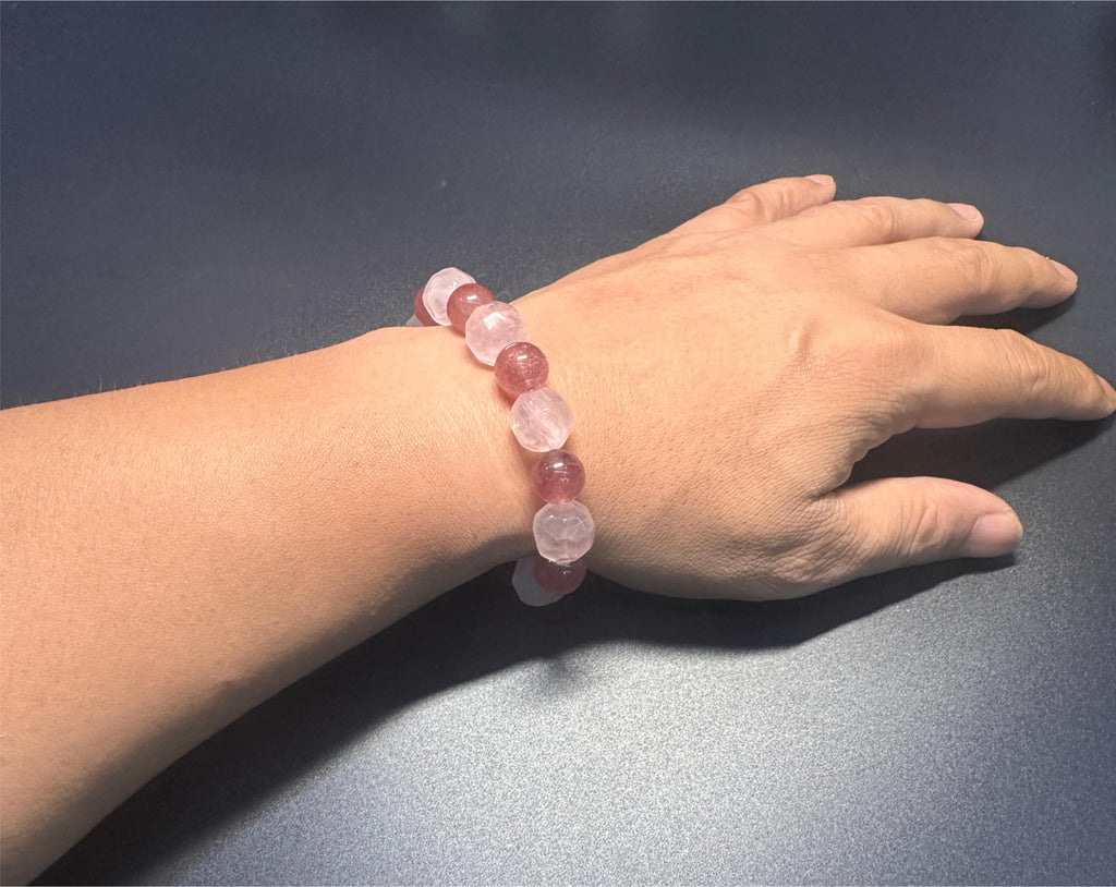 Strawberry Quartz & Faceted Rose Quartz Bracelet, attract love, confidence, balance jewelry, gift for her.