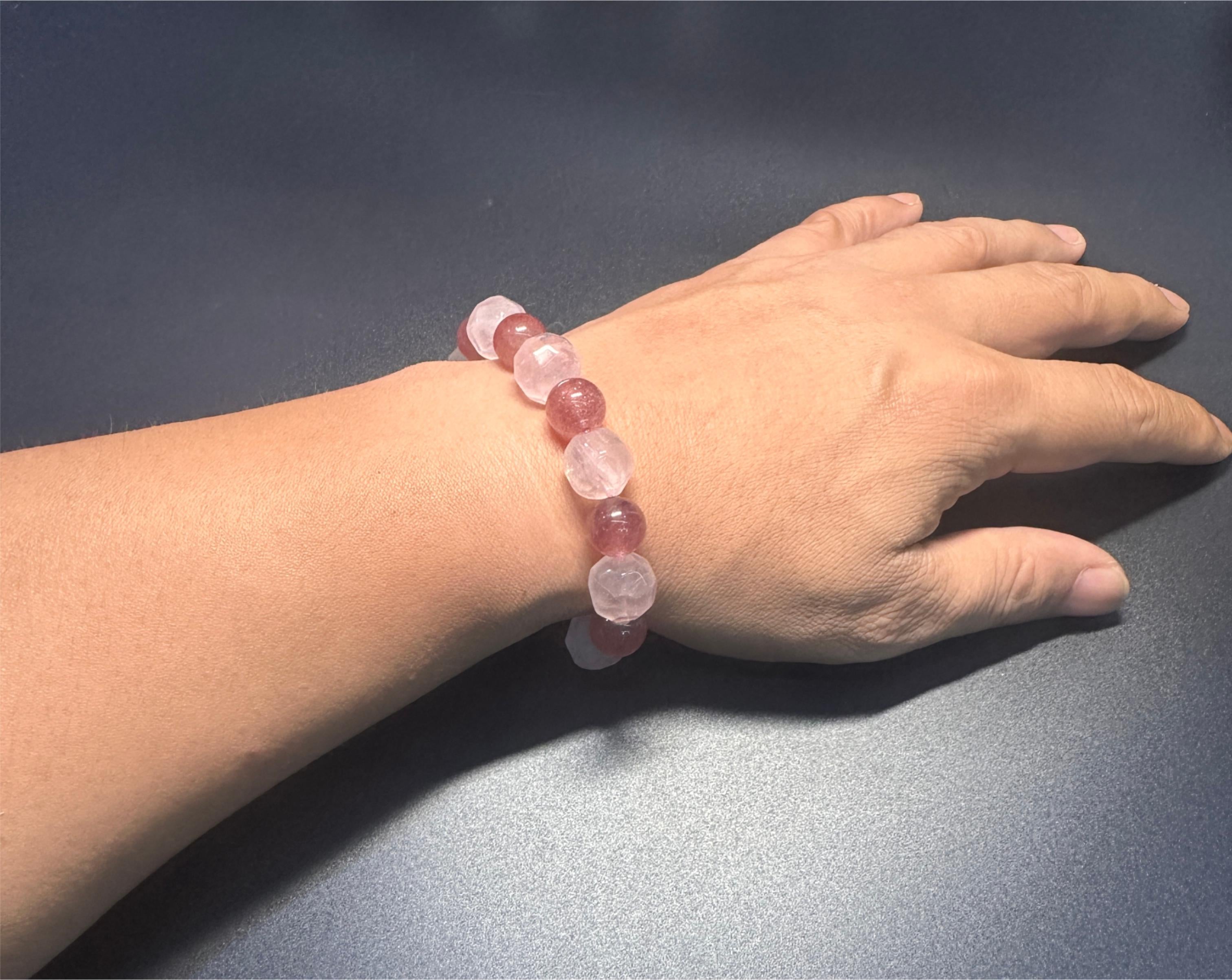 Strawberry Quartz & Faceted Rose Quartz Bracelet, attract love, confidence, balance jewelry, gift for her.