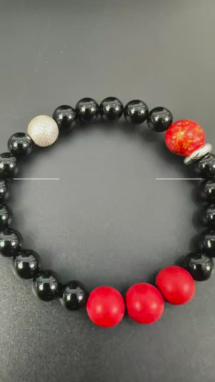 Black Obsidian Bracelet, Sterling Silver Dragon Scale Spacers, Oriental Lacquer Beads, Grounding Talisman