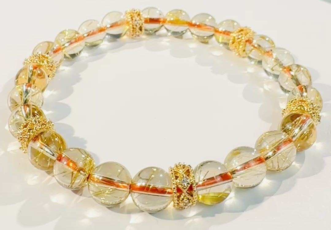8mm Clear Titanium Rutilated Quartz Bracelet with Rose Gold Tone Spacers, Wealth Crystal